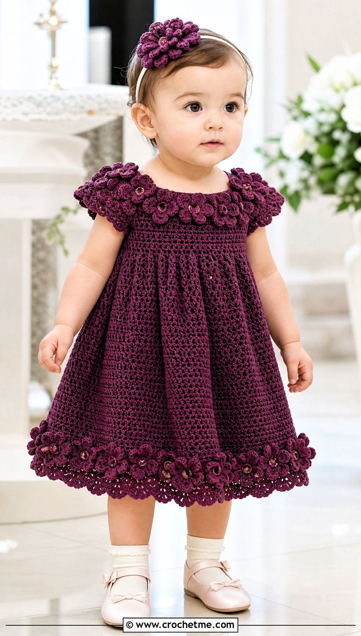 Floral Applique Crochet Baptism Dress With Ballet Flats - 15 crochet baptism dress outfit ideas