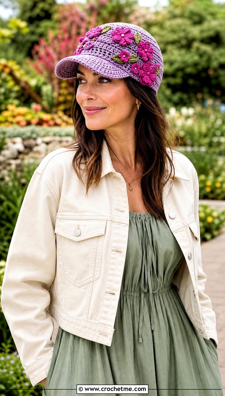 Floral Applique Crochet Baseball Cap With Maxi Dress - 15 crochet baseball cap for adults outfit ideas