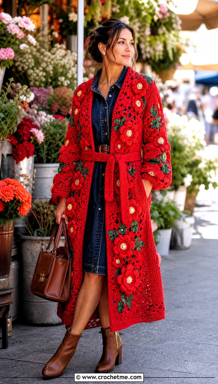 Floral Applique Crochet Bathrobe With Denim Dress - 30 crochet bathrobe outfit ideas