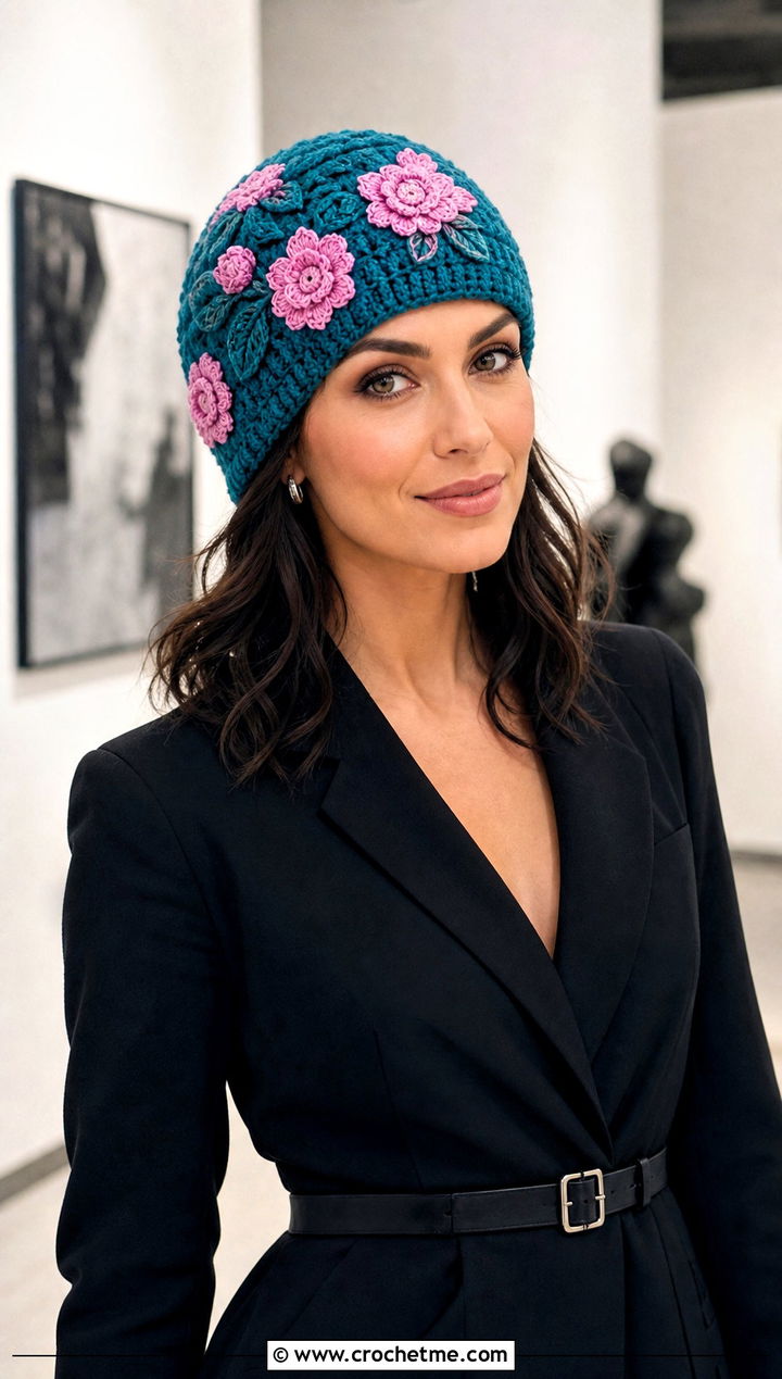 Floral Applique Crochet Beanie With Blazer Dress And Boots - 30 crochet fall beanie outfit ideas