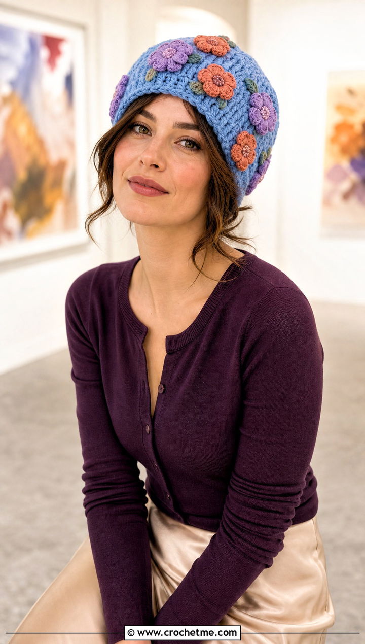 Floral Applique Crochet Beanie With Cardigan And Satin Skirt - 15 Womens Crochet Beanie outfit ideas