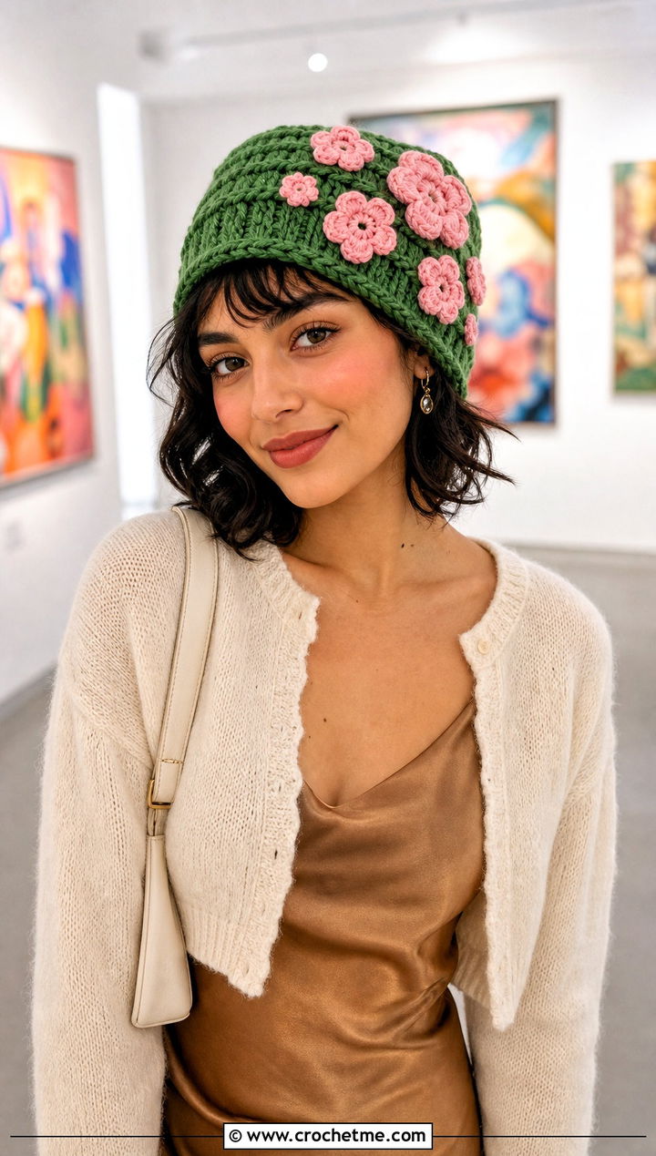 Floral Applique Crochet Beanie With Cardigan And Slip Dress - 15 Crochet Beanie All Sizes outfit ideas