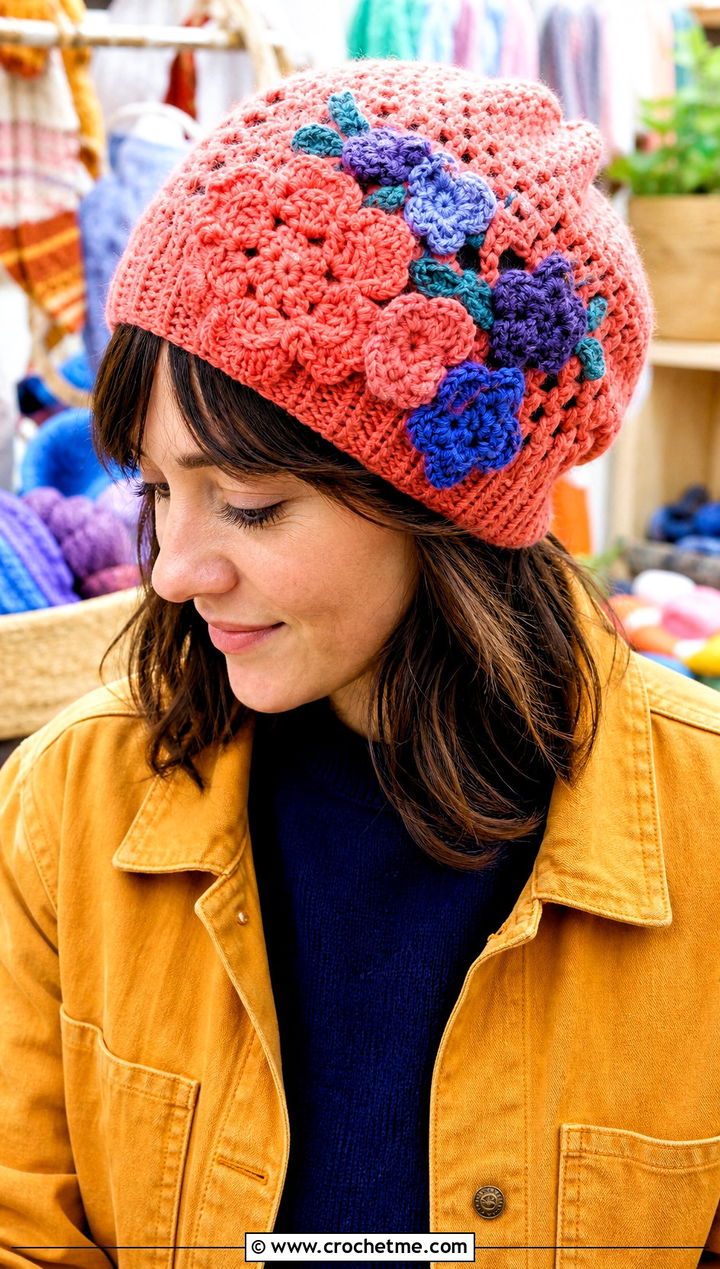 Floral Applique Crochet Beanie With Chore Jacket - 25 Fall Crochet Beanie outfit ideas