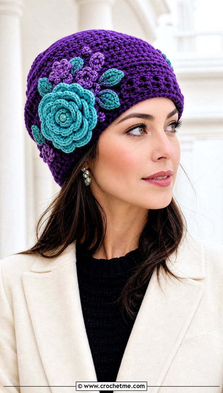 Floral Applique Crochet Beanie With Minimal Coat - 30 winter crochet beanie outfit ideas