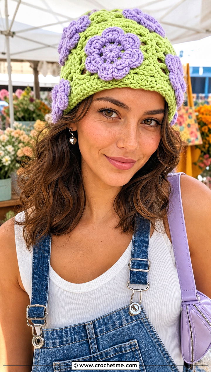 Floral Applique Crochet Beanie With Overalls And Tank Top - 30 summer crochet beanie outfit ideas
