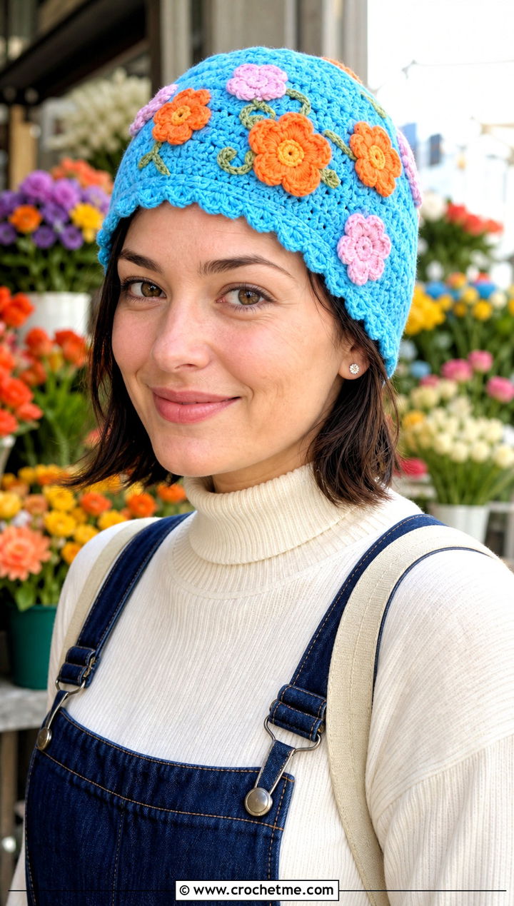 Floral Applique Crochet Beanie With Overalls And Turtleneck - 25 easy crochet beanies outfit ideas