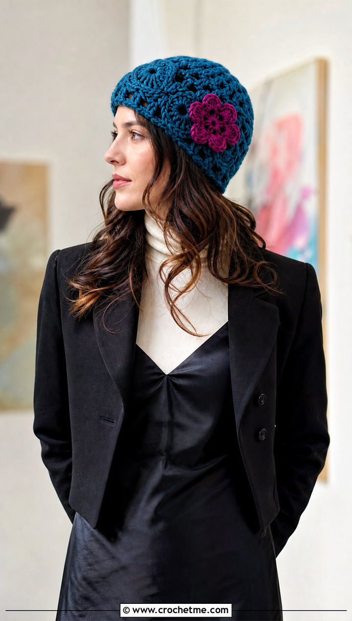 Floral Applique Crochet Beanie With Slip Dress - 25 3 Weight Yarn Crochet Beanie outfit ideas