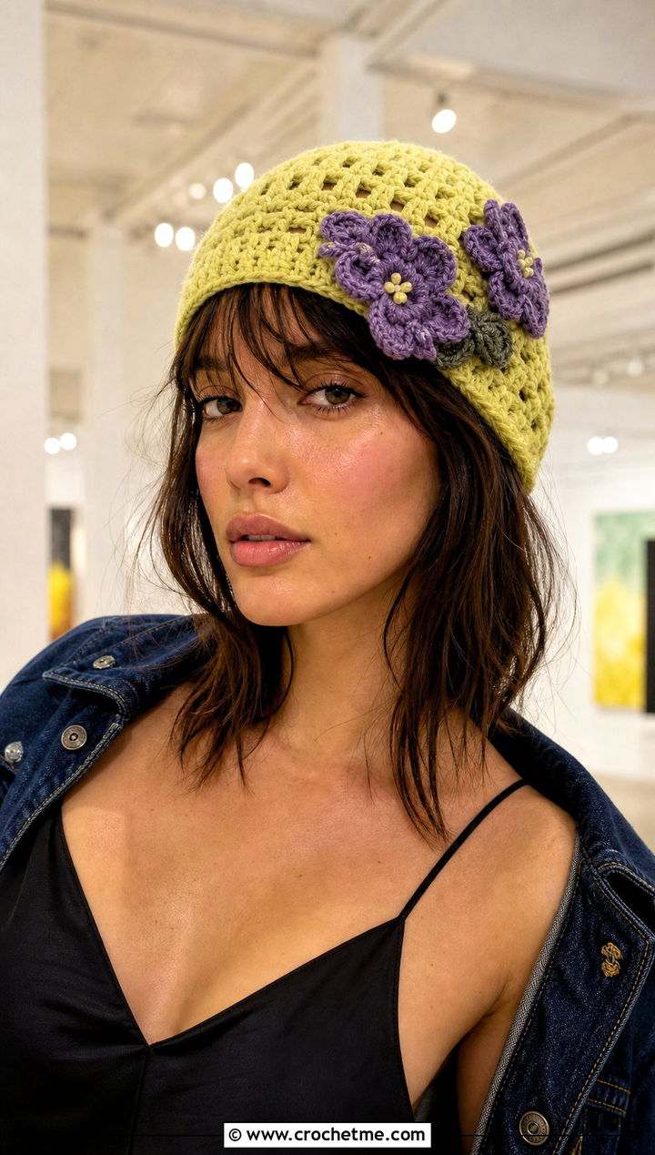 Floral Applique Crochet Beanie With Slip Dress - 30 crochet beanies for women outfit ideas