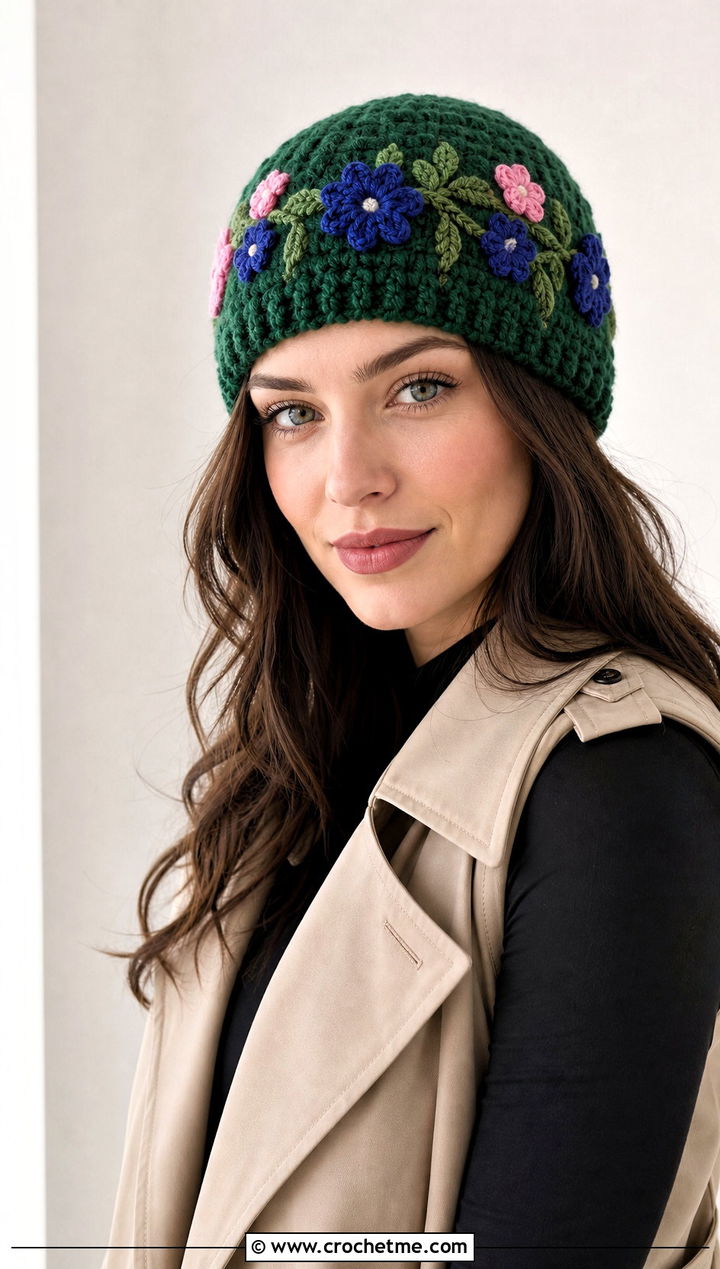 Floral Applique Crochet Beanie With Trench Vest - 35 basic crochet beanie outfit ideas