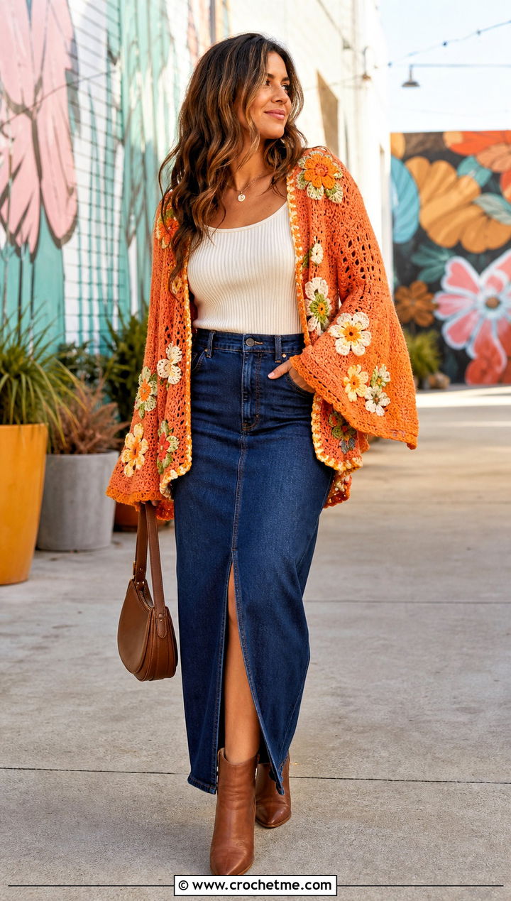 Floral Applique Crochet Bell Sleeve Cardigan With Denim Maxi Skirt - 30 crochet bell sleeve cardigan outfit ideas
