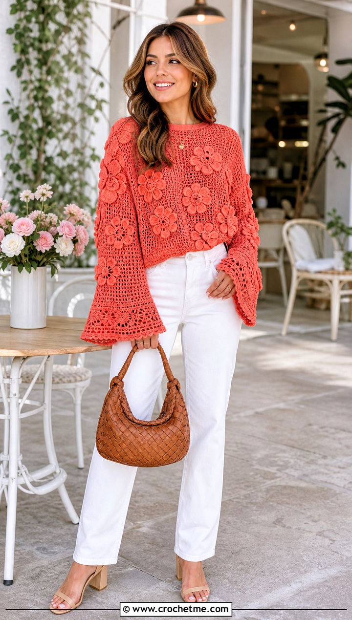 Floral Applique Crochet Bell Sleeve Sweater With White Jeans - 25 crochet bell sleeve sweater outfit ideas