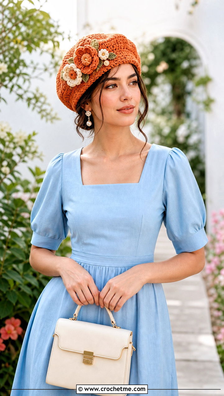 Floral Applique Crochet Beret With Midi Dress - 15 simple crochet beret outfit ideas
