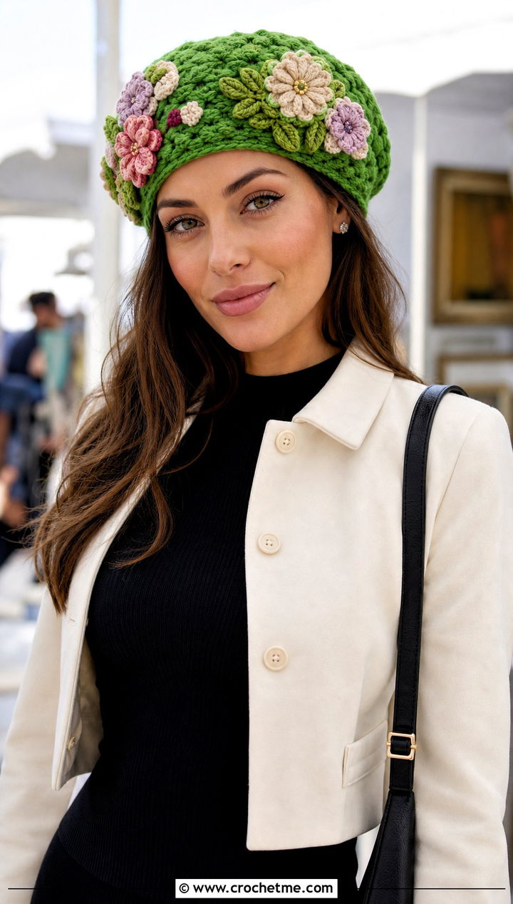 Floral Applique Crochet Beret With Midi Skirt - 20 crochet beret hat outfit ideas