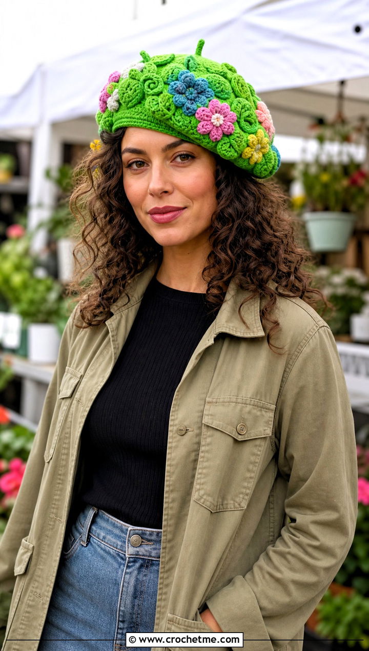 Floral Applique Crochet Beret With Utility Jacket And Denim Skirt - 30 crochet berets outfit ideas
