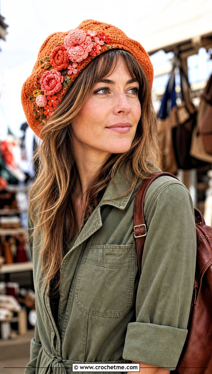 Floral Applique Crochet Beret With Utility Jumpsuit - 15 Womens Crochet Beret outfit ideas