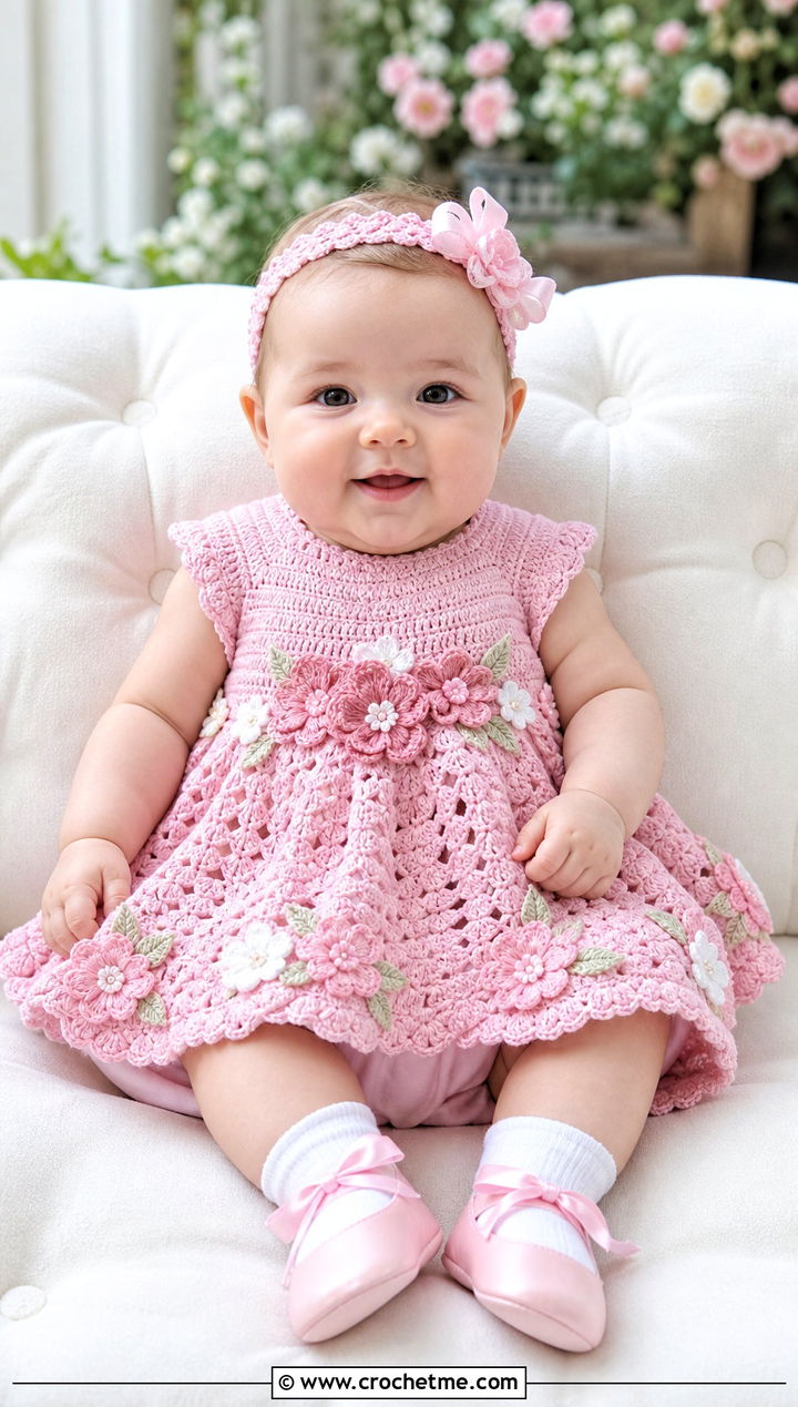 Floral Applique Crochet Blessing Dress With Ribbon Headband - 15 Crochet Blessing Dress outfit ideas