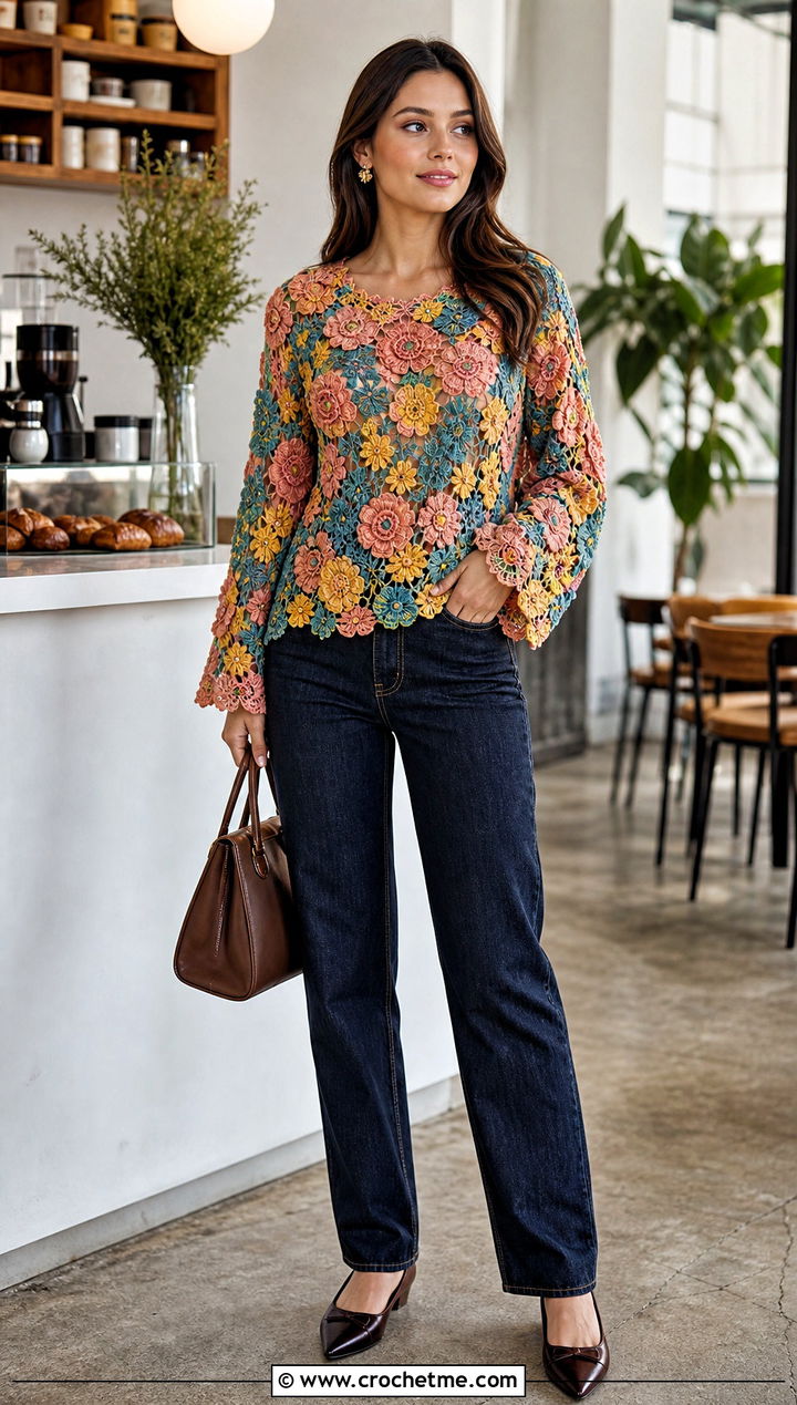 Floral Applique Crochet Blouse With Dark Jeans - 30 multi color crochet top outfit ideas
