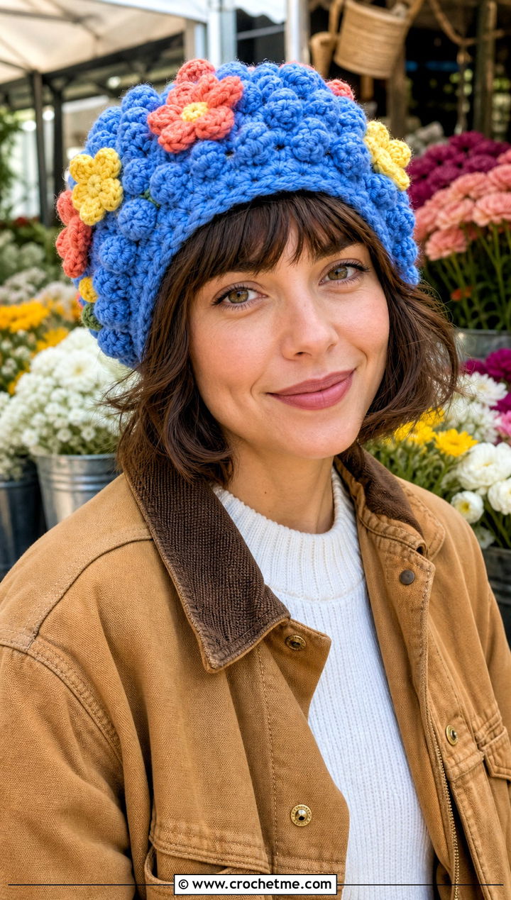 Floral Applique Crochet Bobble Hat With Workwear Jacket - 30 crochet bobble hat outfit ideas