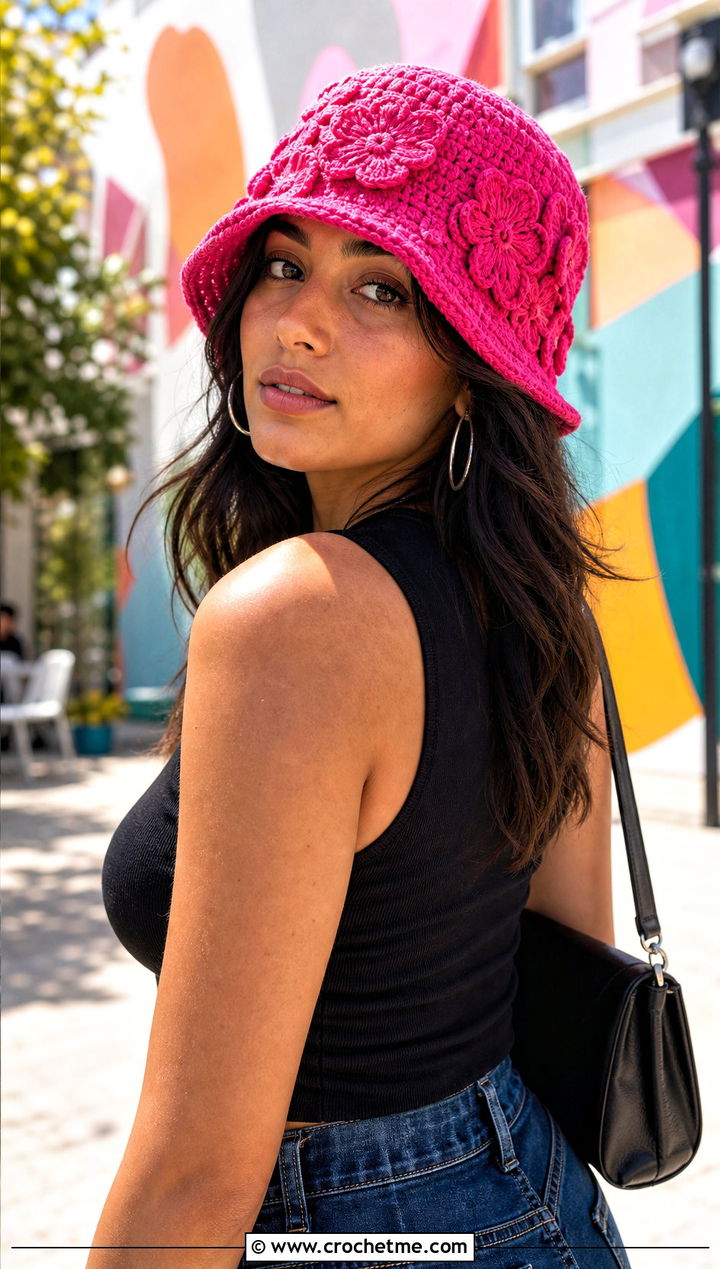 Floral Applique Crochet Bucket Hat With Denim Maxi Skirt - 15 hailey bieber crochet bucket hat outfit ideas