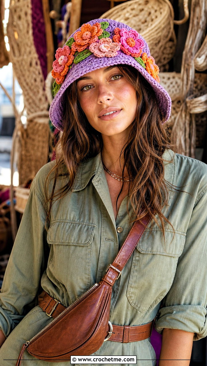 Floral Applique Crochet Bucket Hat With Utility Jumpsuit - 25 fast crochet hat outfit ideas