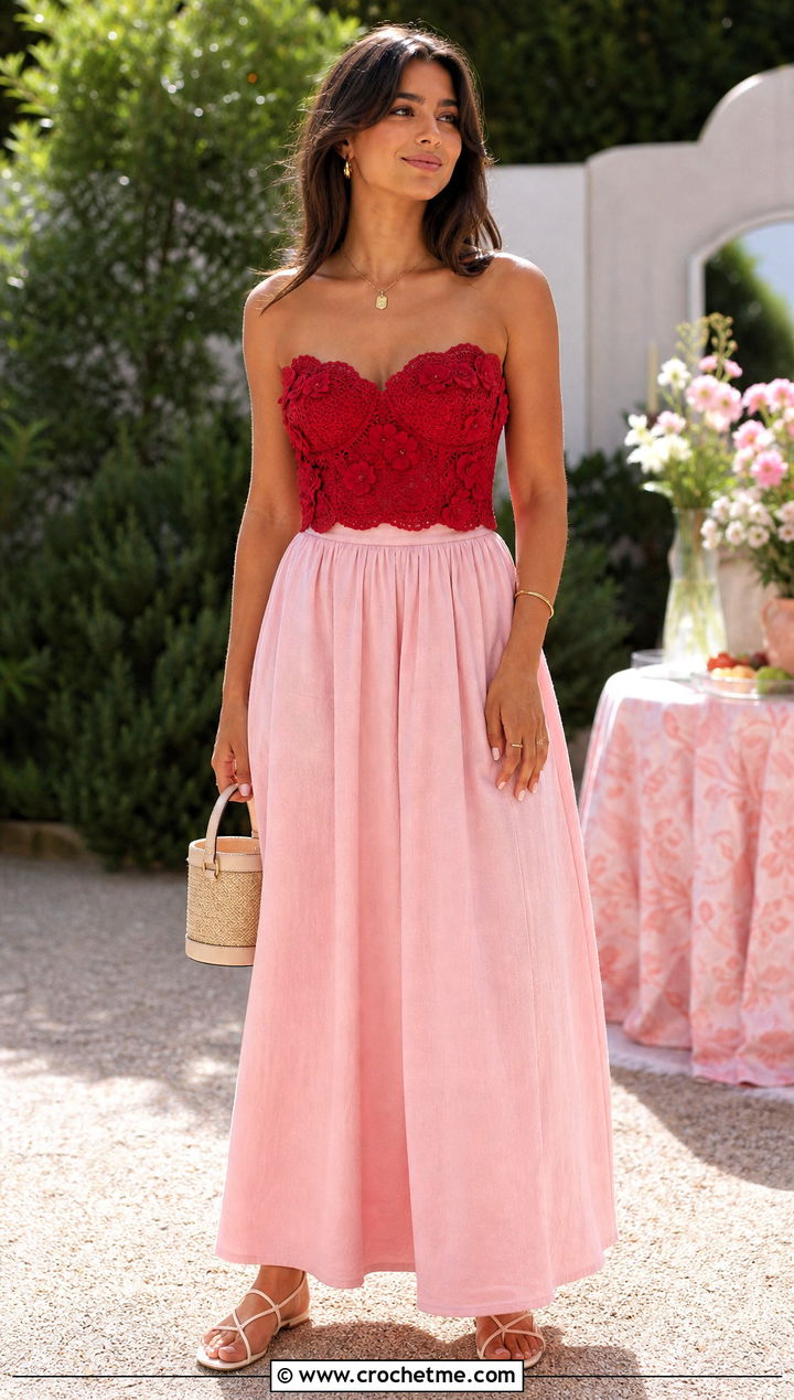 Floral Applique Crochet Bustier With Maxi Skirt - 30 crochet bustier outfit ideas