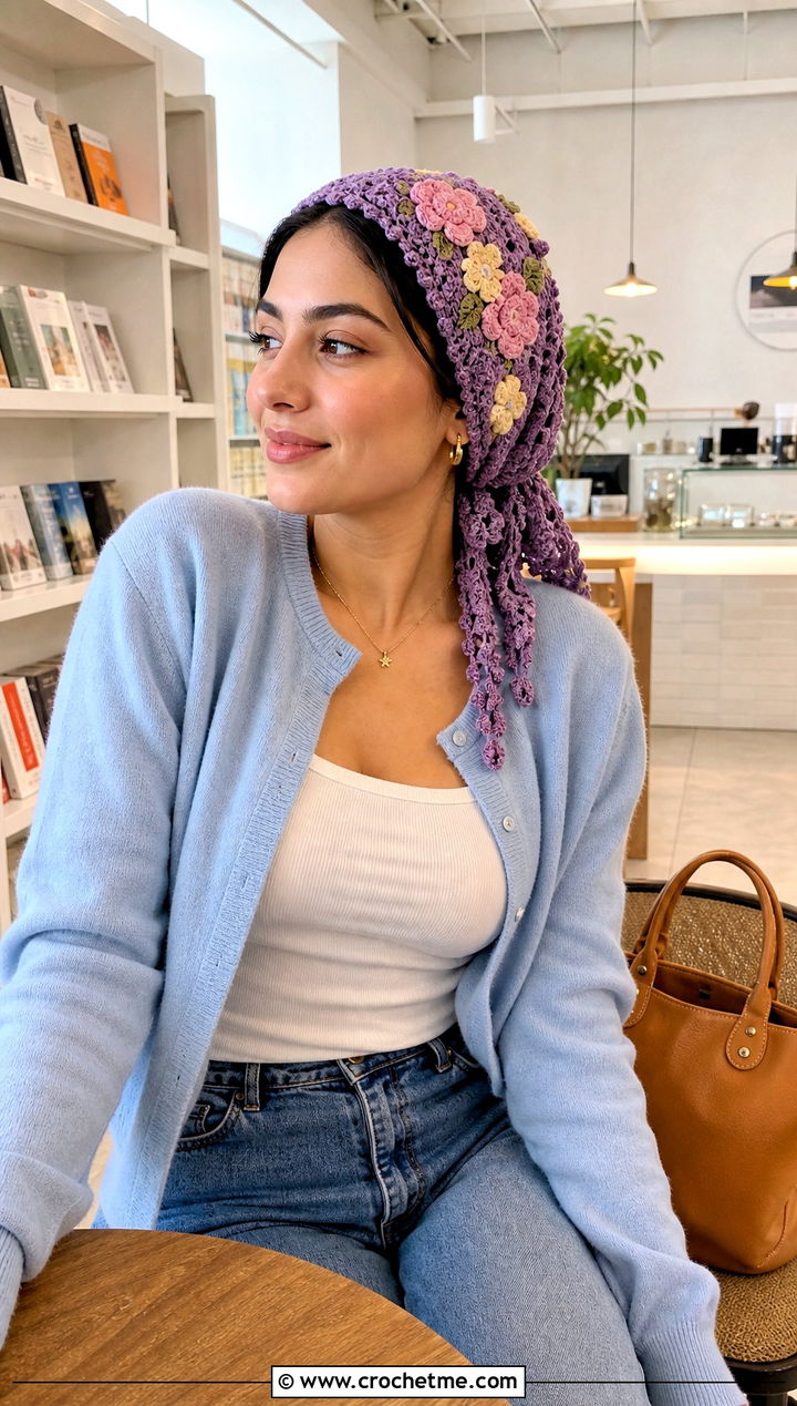 Floral Applique Crochet Cap Scarf With Cardigan And Jeans - 25 Crochet Cap Scarf outfit ideas