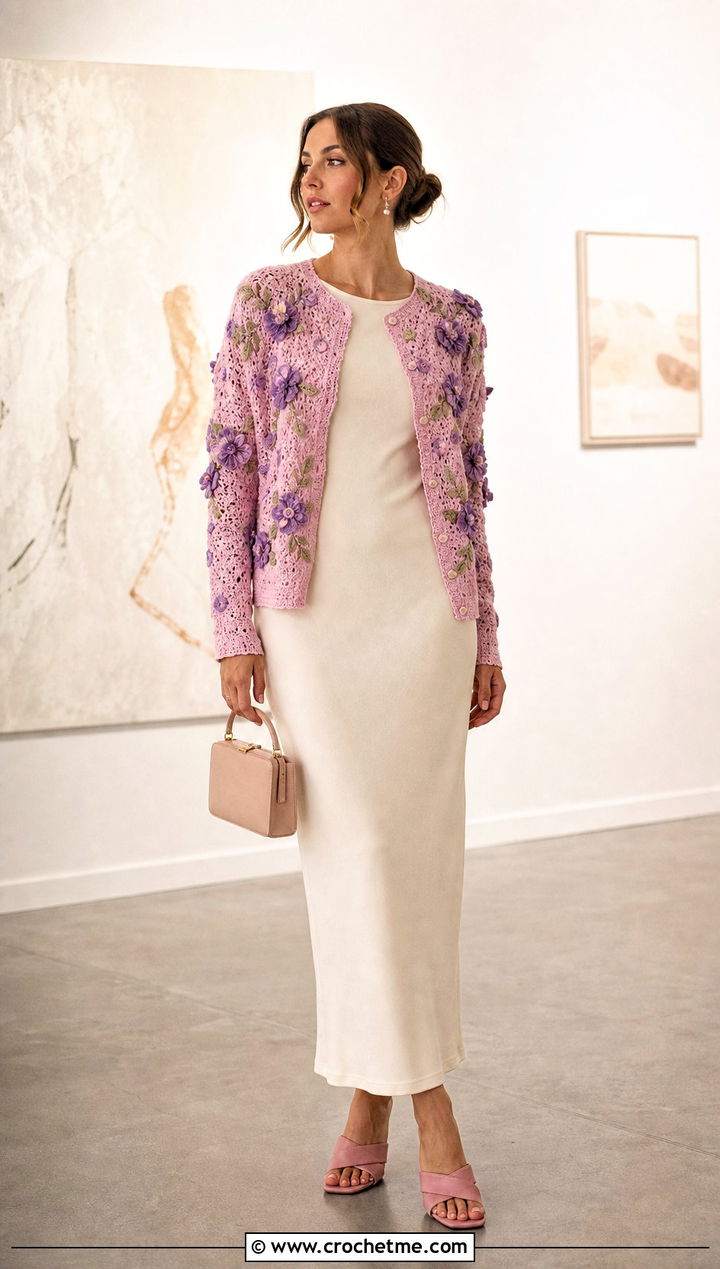 Floral Applique Crochet Cardigan With Column Dress - 30 long crochet cardigan outfit ideas