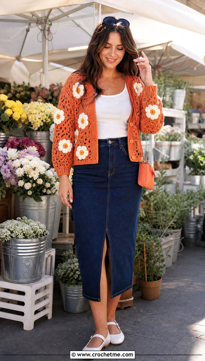 Floral Applique Crochet Cardigan With Denim Midi Skirt - 30 fast crochet cardigan outfit ideas