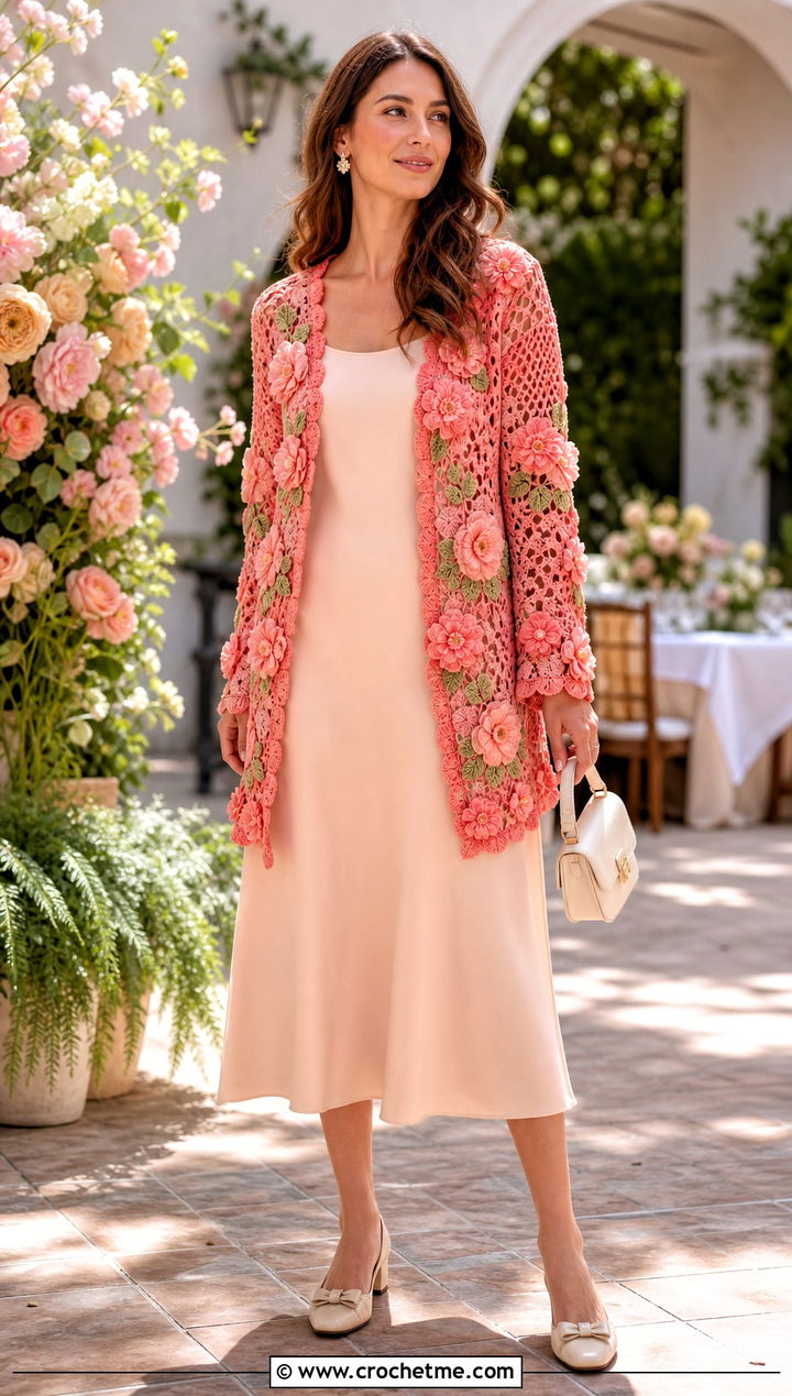 Floral Applique Crochet Cardigan With Midi Dress - 30 crochet for cardigans outfit ideas
