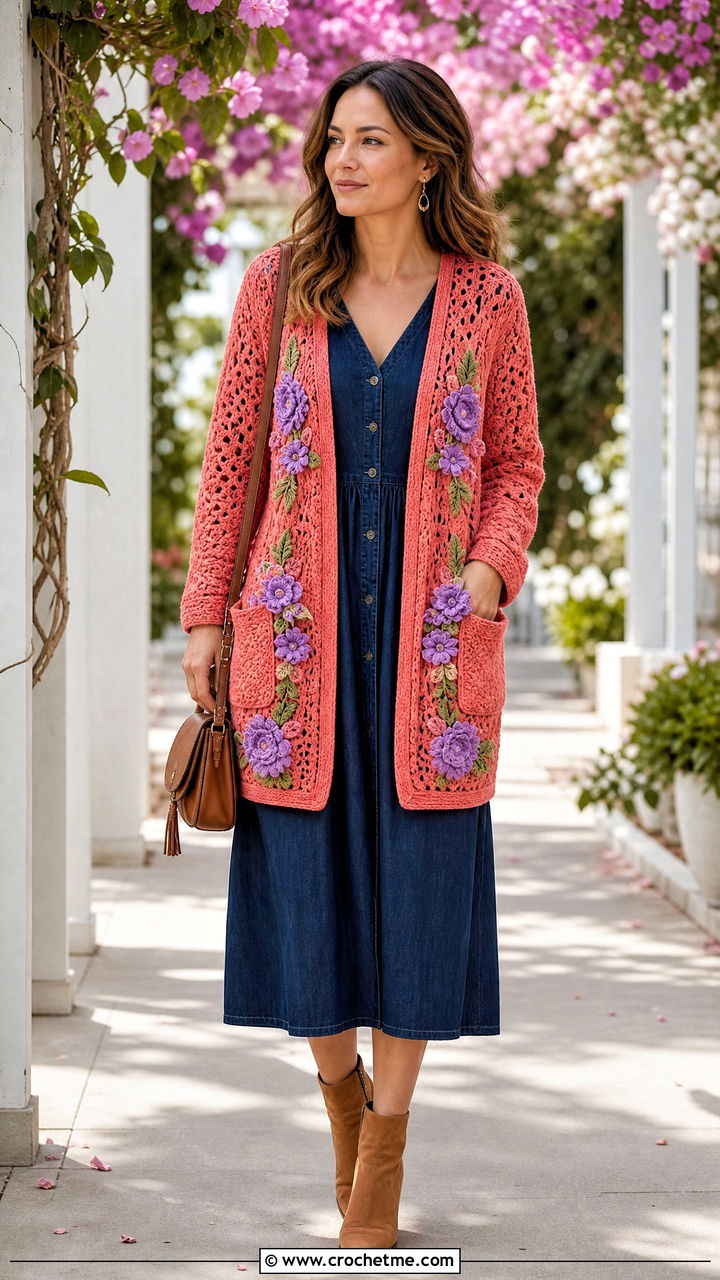 Floral Applique Crochet Cardigan With Pockets And Denim Dress - 35 crochet cardigan with pockets outfit ideas
