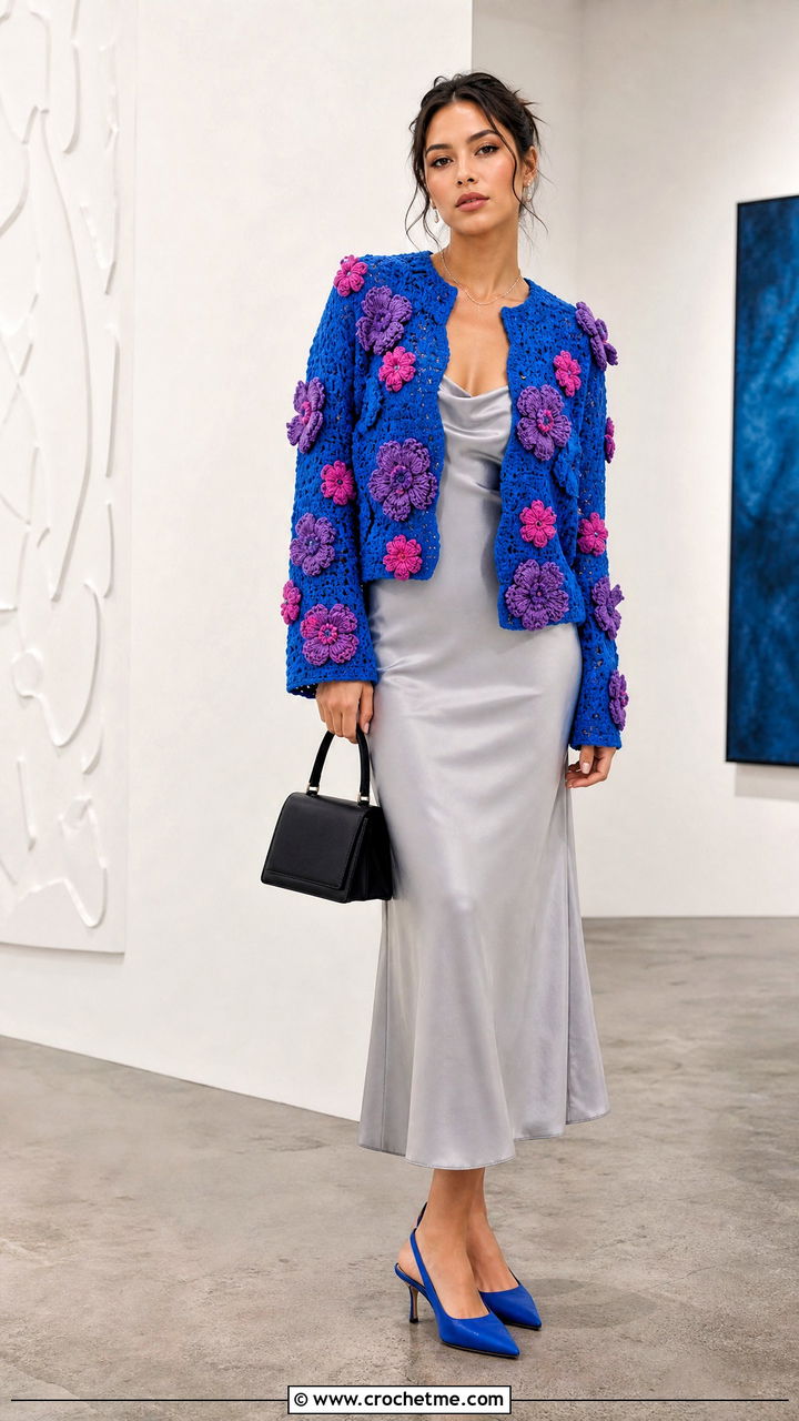 Floral Applique Crochet Cardigan With Slip Dress - 35 easy crochet cardigan outfit ideas