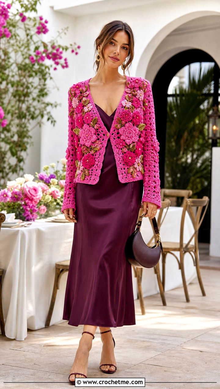 Floral Applique Crochet Cardigan With Slip Dress - 30 crochet cardigan design outfit ideas