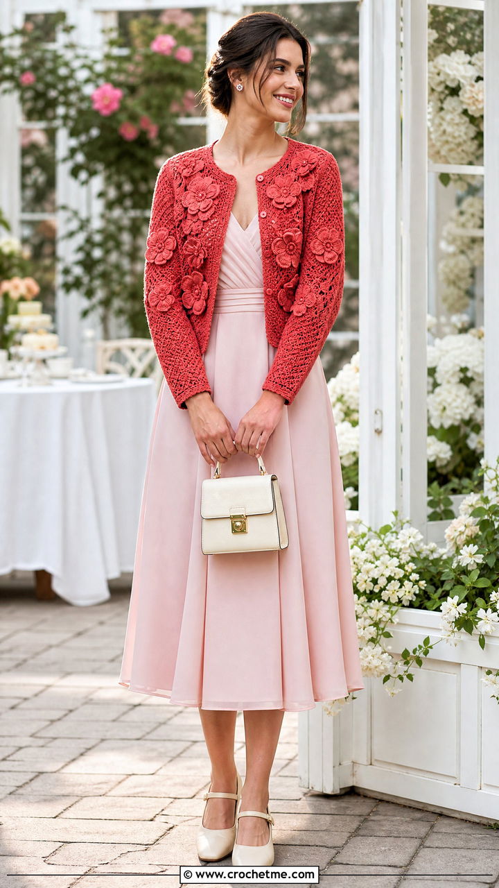 Floral Applique Crochet Cardigan With Tea Dress - 35 easy crochet cardigan women outfit ideas
