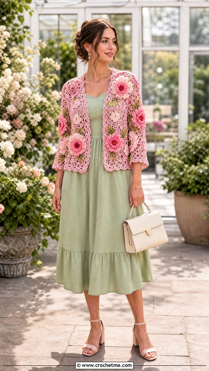 Floral Applique Crochet Cardigan With Tea Dress - 35 crochet cardigan ideas