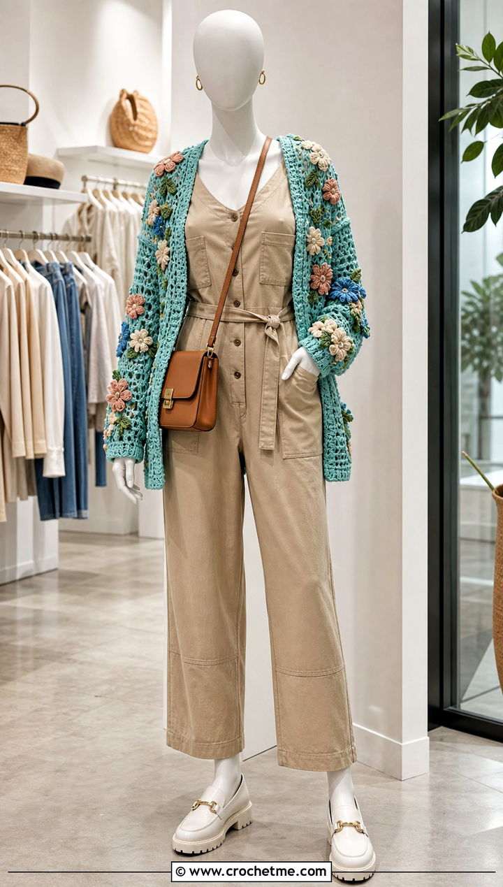 Floral Applique Crochet Cardigan With Utility Jumpsuit - 15 Crochet Cardigan On Mannequin outfit ideas
