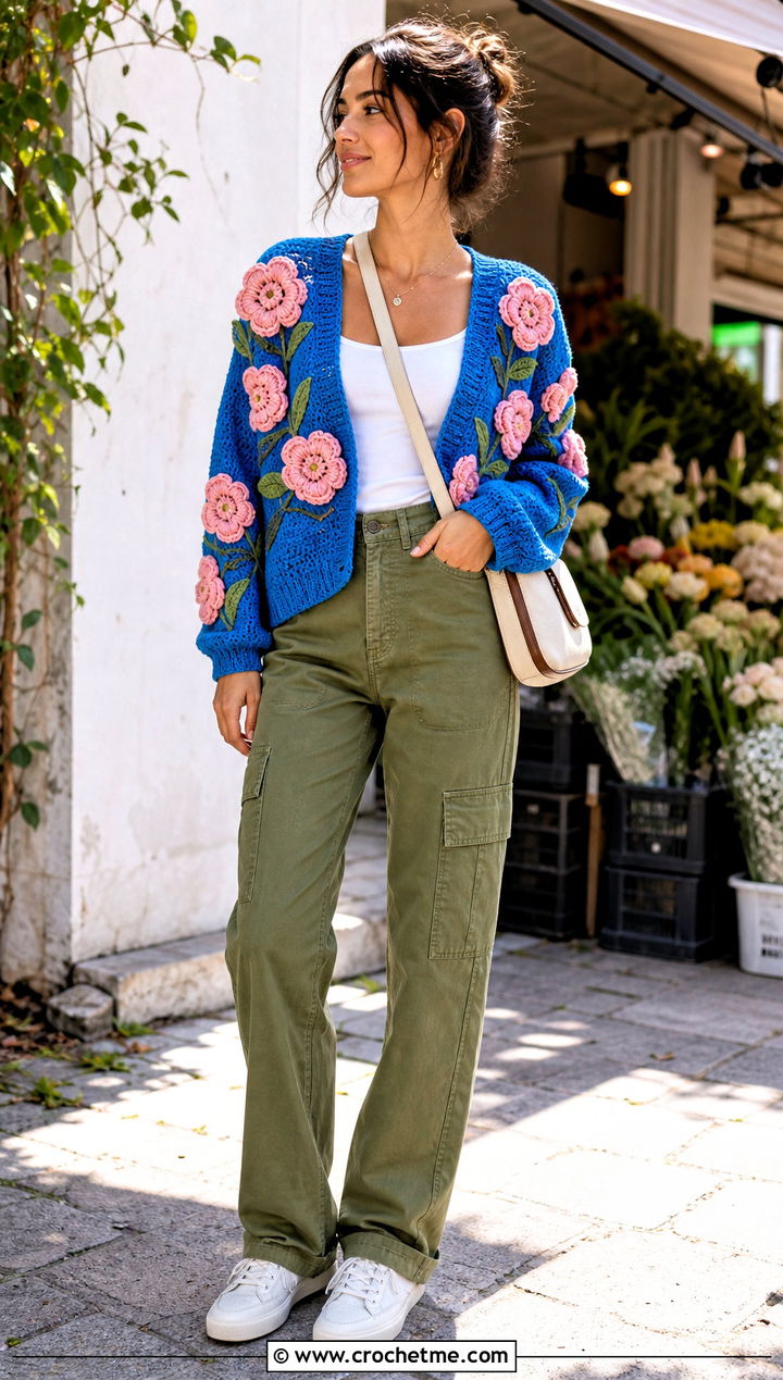 Floral Applique Crochet Cardigan With Utility Pants - 35 ladies crochet cardigan outfit ideas