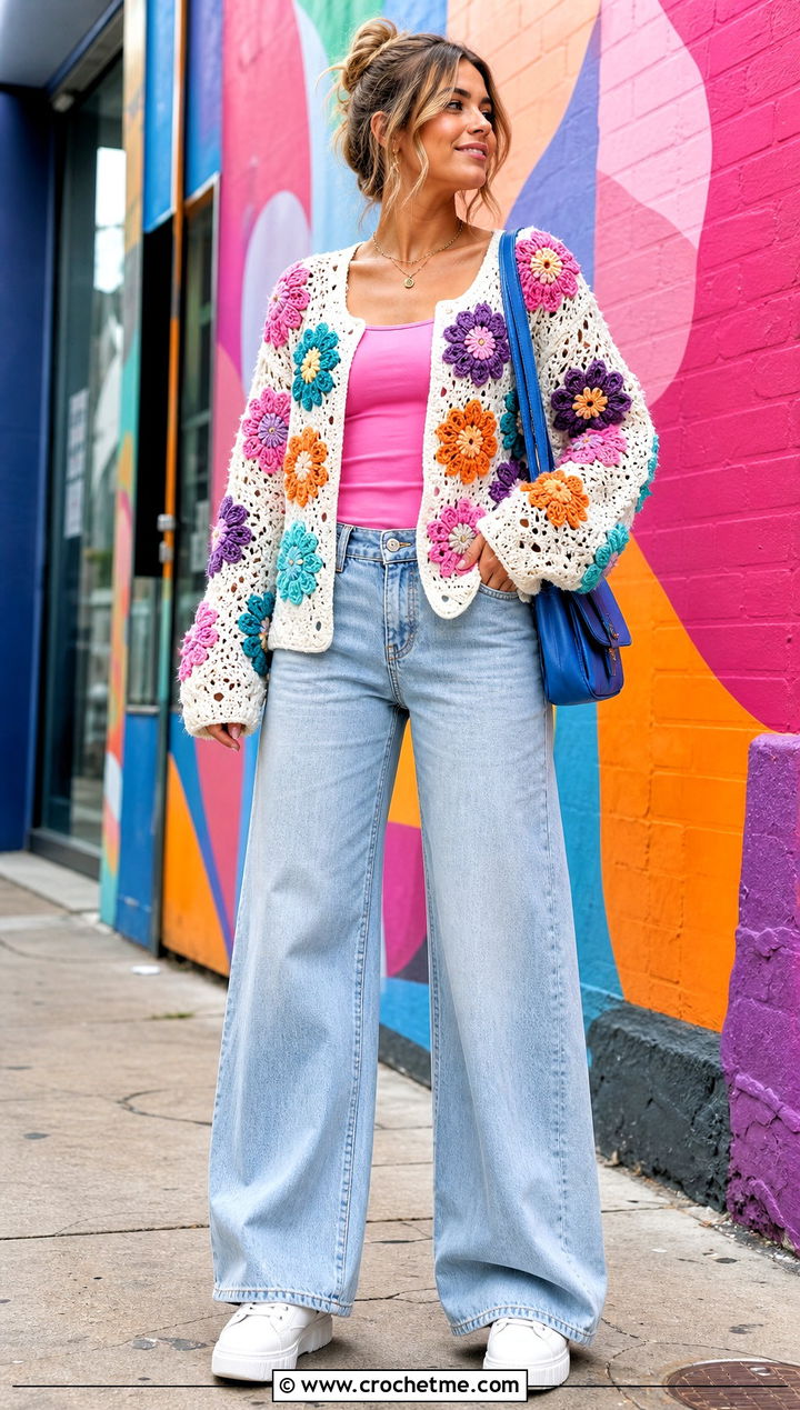 Floral Applique Crochet Cardigan With Wide Leg Jeans - 15 colorful crocheted cardigan on hook outfit ideas
