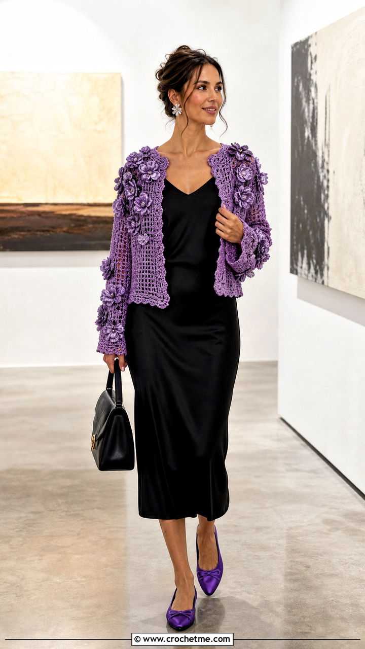 Floral Applique Crochet Cardigan With a Slip Skirt - 35 beginner crochet cardigan outfit ideas