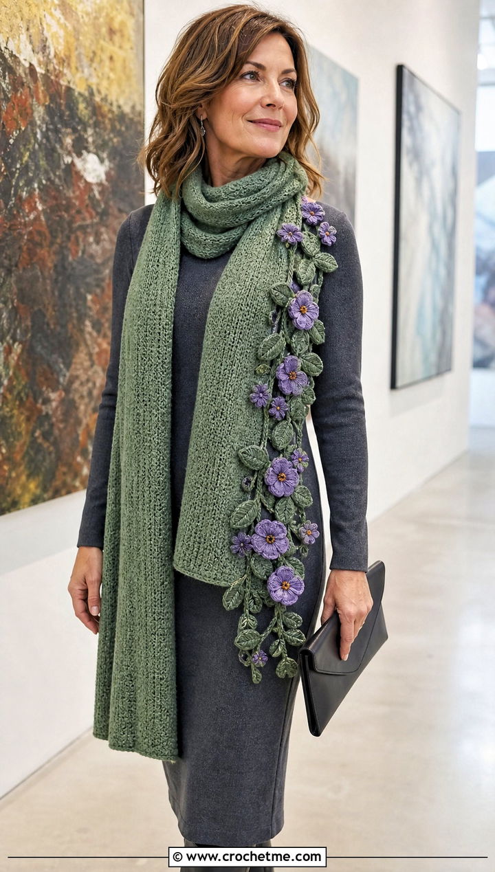 Floral Applique Crochet Cashmere Scarf With Minimalist Dress - 25 crochet cashmere scarf outfit ideas