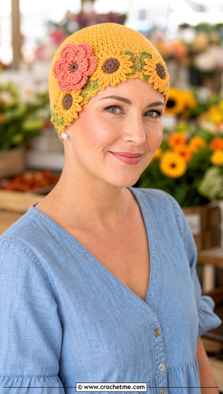 Floral Applique Crochet Chemo Cap With Chambray Dress - 20 Crochet Summer Chemo Caps outfit ideas