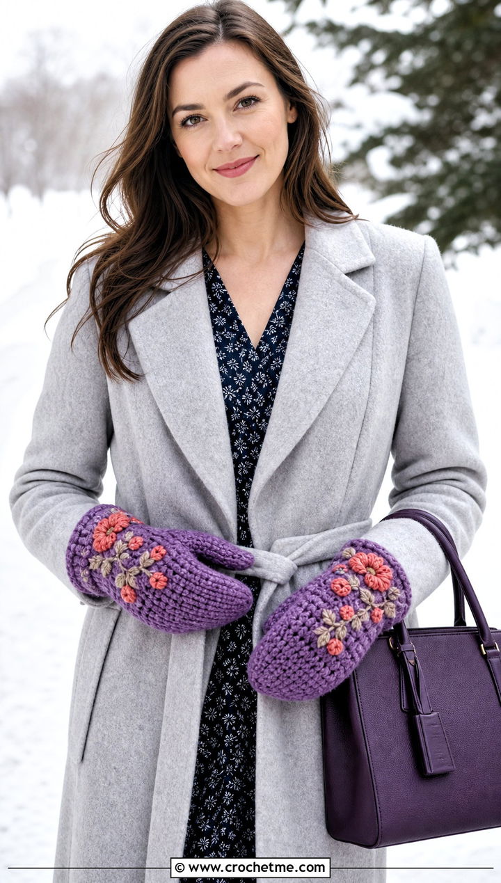 Floral Applique Crochet Chunky Mittens With Midi Dress - 30 crochet chunky mittens outfit ideas