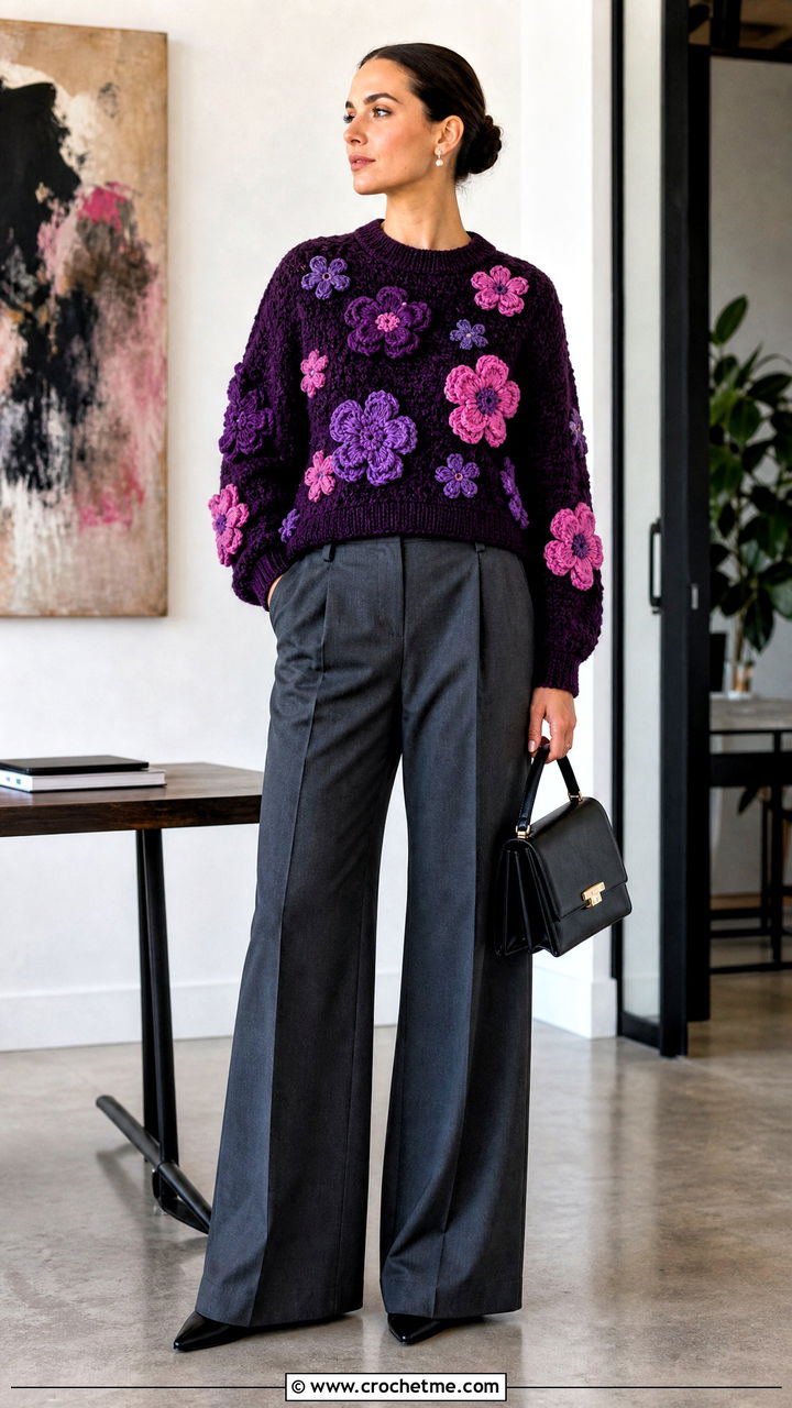Floral Applique Crochet Chunky Sweater With Tailored Suit Pants - 35 crochet chunky sweater outfit ideas