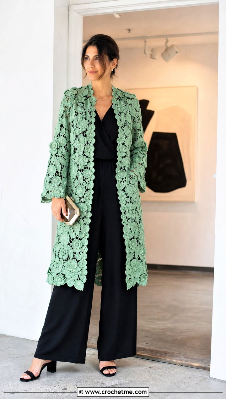 Floral Applique Crochet Coat With Jumpsuit - 35 crochet long coat outfit ideas
