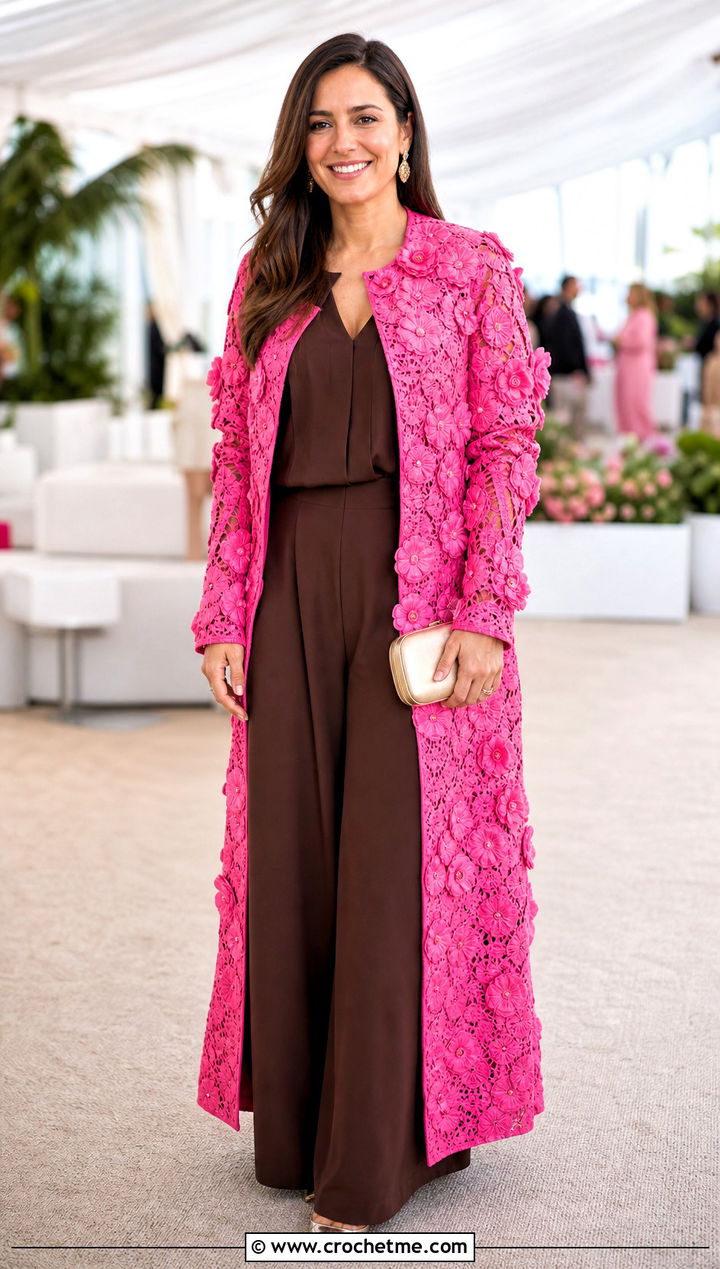 Floral Applique Crochet Coat With Jumpsuit - 30 women crochet coat outfit ideas