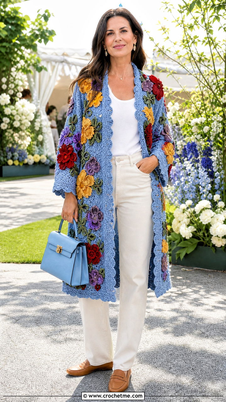 Floral Applique Crochet Coat With White Denim - 35 crochet coats outfit ideas