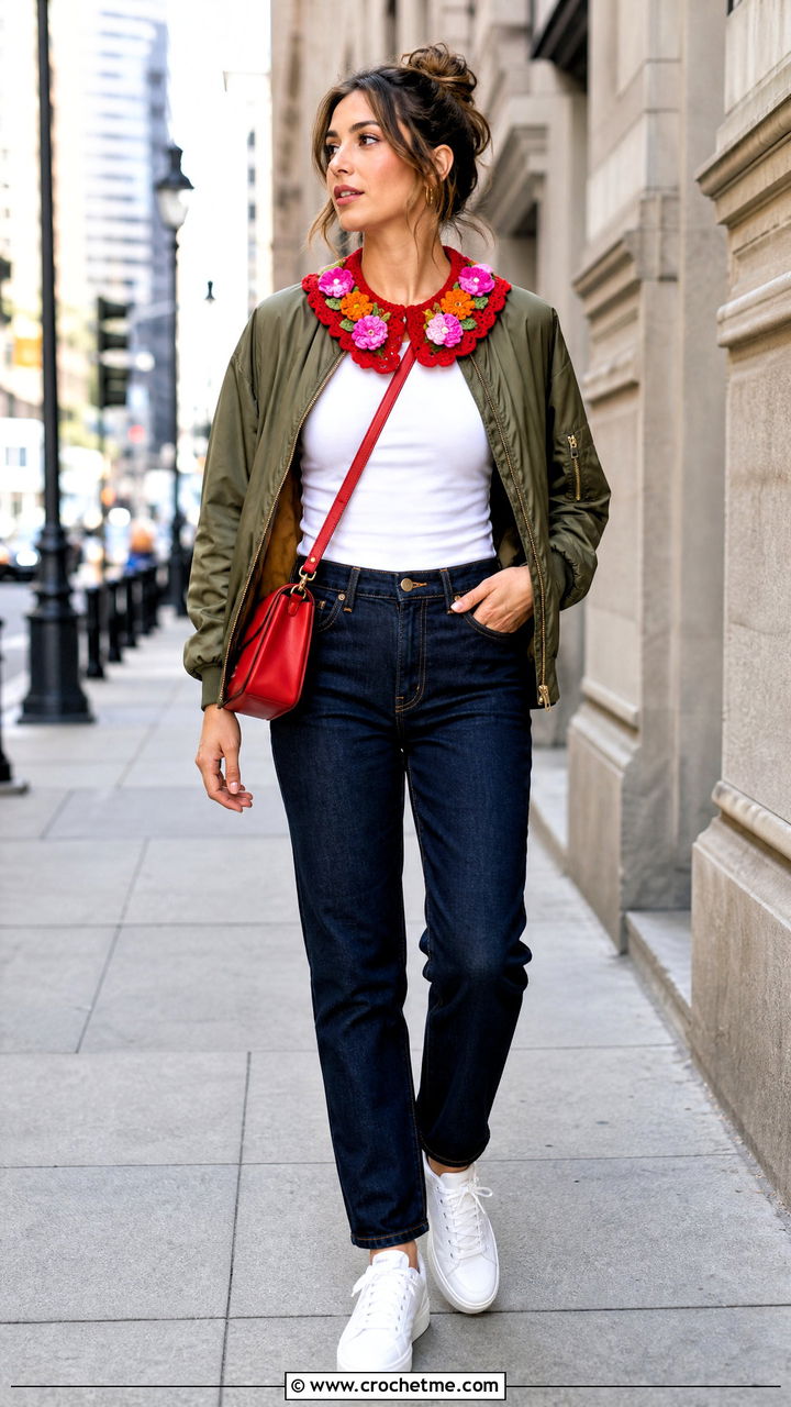 Floral Applique Crochet Collar With Bomber Jacket - 35 crochet collars outfit ideas