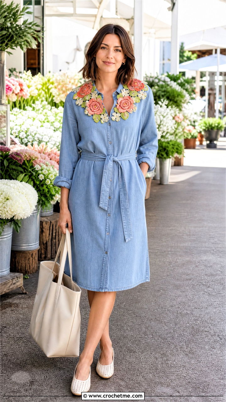 Floral Applique Crochet Collar With Chambray Dress - 35 crochet collar outfit ideas