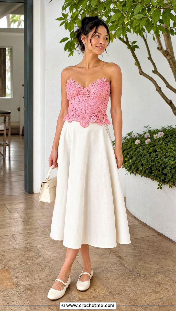 Floral Applique Crochet Corset Top With A Line Skirt - 15 Diy Crochet Corset Top outfit ideas