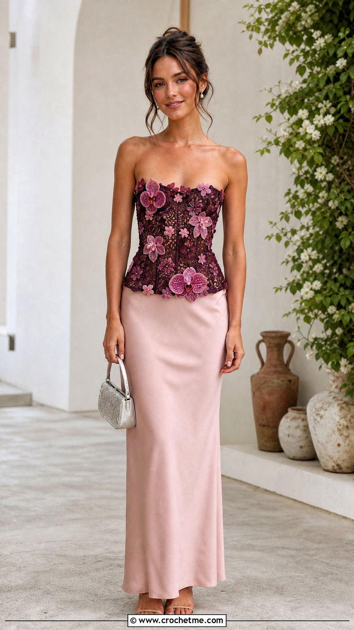 Floral Applique Crochet Corset With A Column Skirt - 35 crochet corset outfit ideas