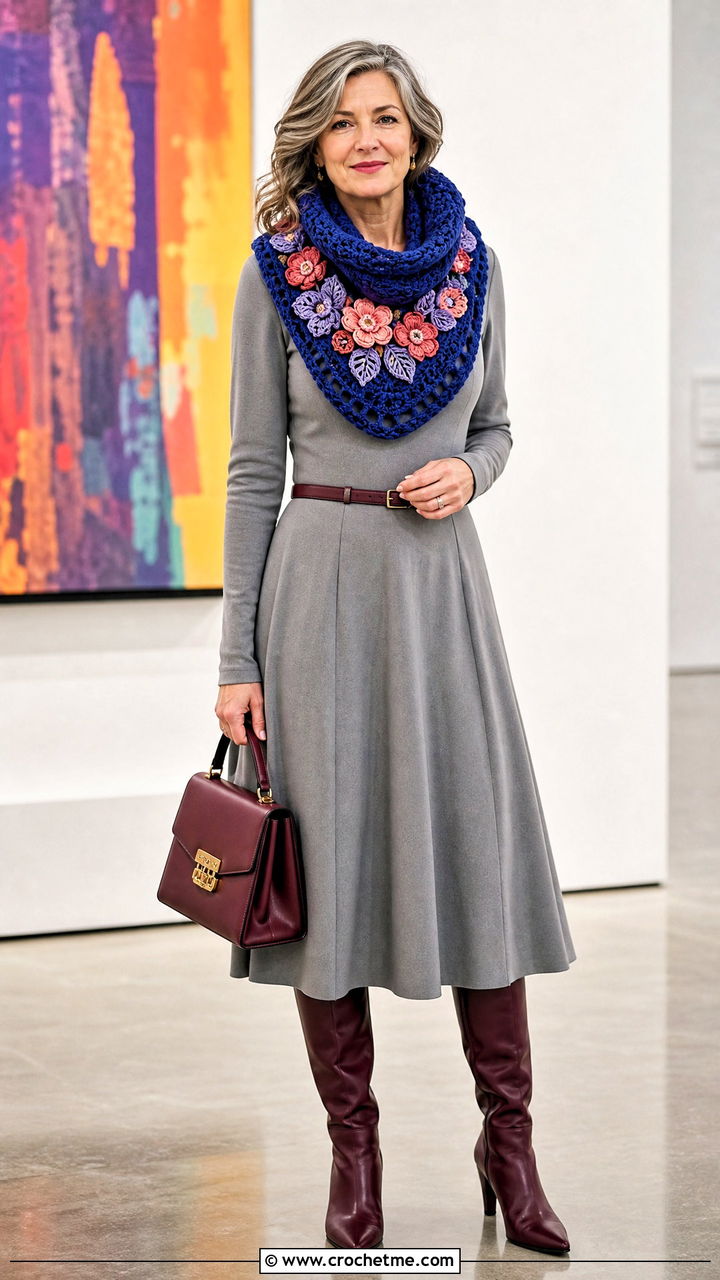 Floral Applique Crochet Cowl Neck Warmer With Midi Dress Outfit - 35 crochet cowl neck warmer outfit ideas